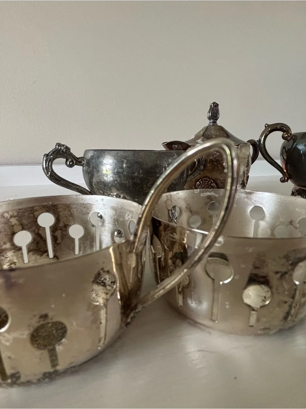 Antique Silver-Plate Sugar Bowl & Tea Set Pieces